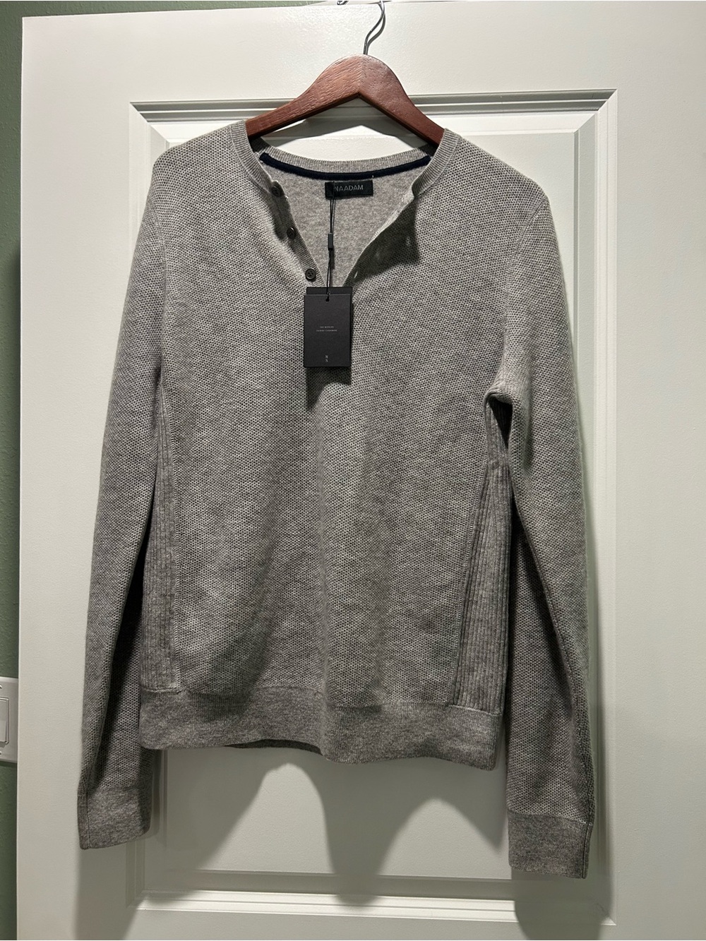 100% Wool/Cashmere NAADAM Men's Light Gray Henley Crewneck Sweater